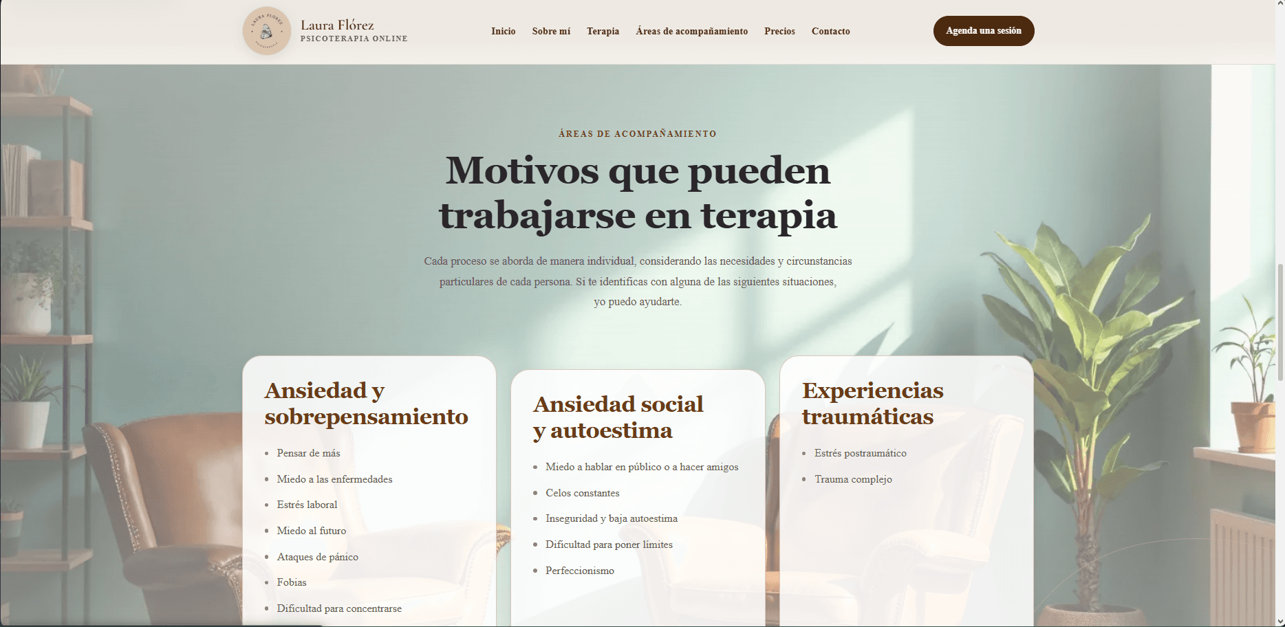 Vista del sitio de Laura Flórez Psicoterapia: sección Áreas de acompañamiento, con fondo verde suave y tarjetas informativas.